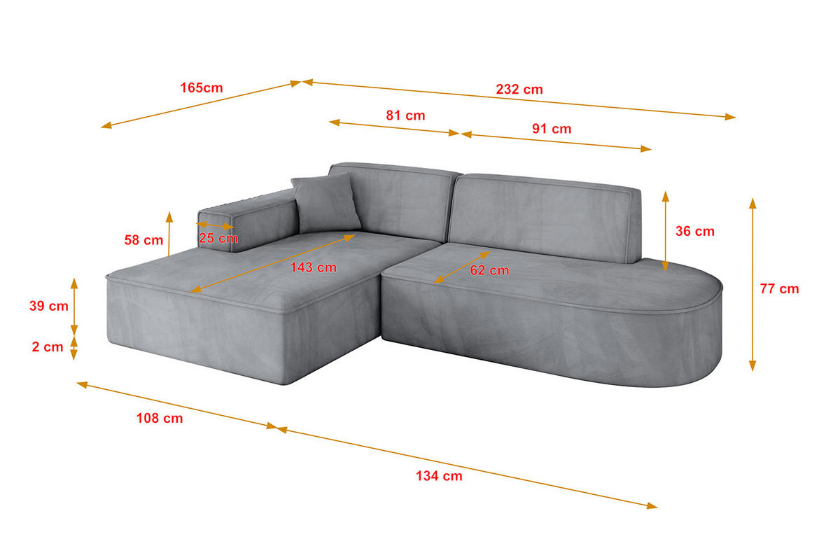 ECKSOFA Ottomane Links IREA-L1-v4 - 232x165x77 cm Grau - Titanfarben, Holzwerkstoff/Textil (232/165cm) - ALTDECOR