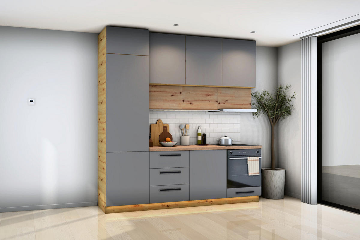 KÜCHENZEILE Nexa Grau & Woodline – 240 cm – K17-G240 - Hellbraun/Eiche Artisan, Holzwerkstoff (240/248/58cm) - ROYAL24_MARKT
