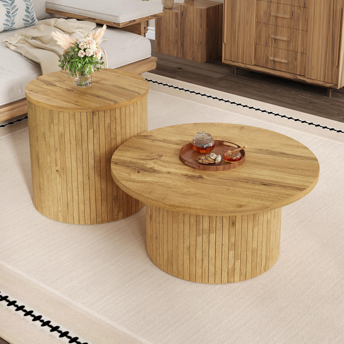 COUCHTISCH in Naturfarben Wohnzimmertisch- Set mit 2 runden Tischen, B75/T75/H36cm und B50/T50/H50.5cm - Naturfarben, Holzwerkstoff (75/75/50.5cm) - STILVORA