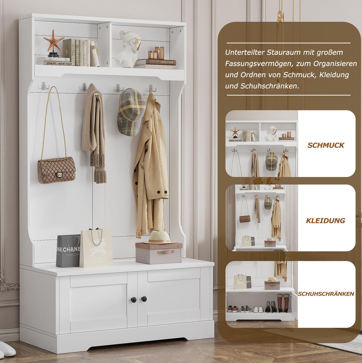 GARDEROBE 101,5/183 cm Weiß aus Spanplatte mit Sitzbank - Weiß, Holzwerkstoff (101/183/47cm) - OKMYHOME