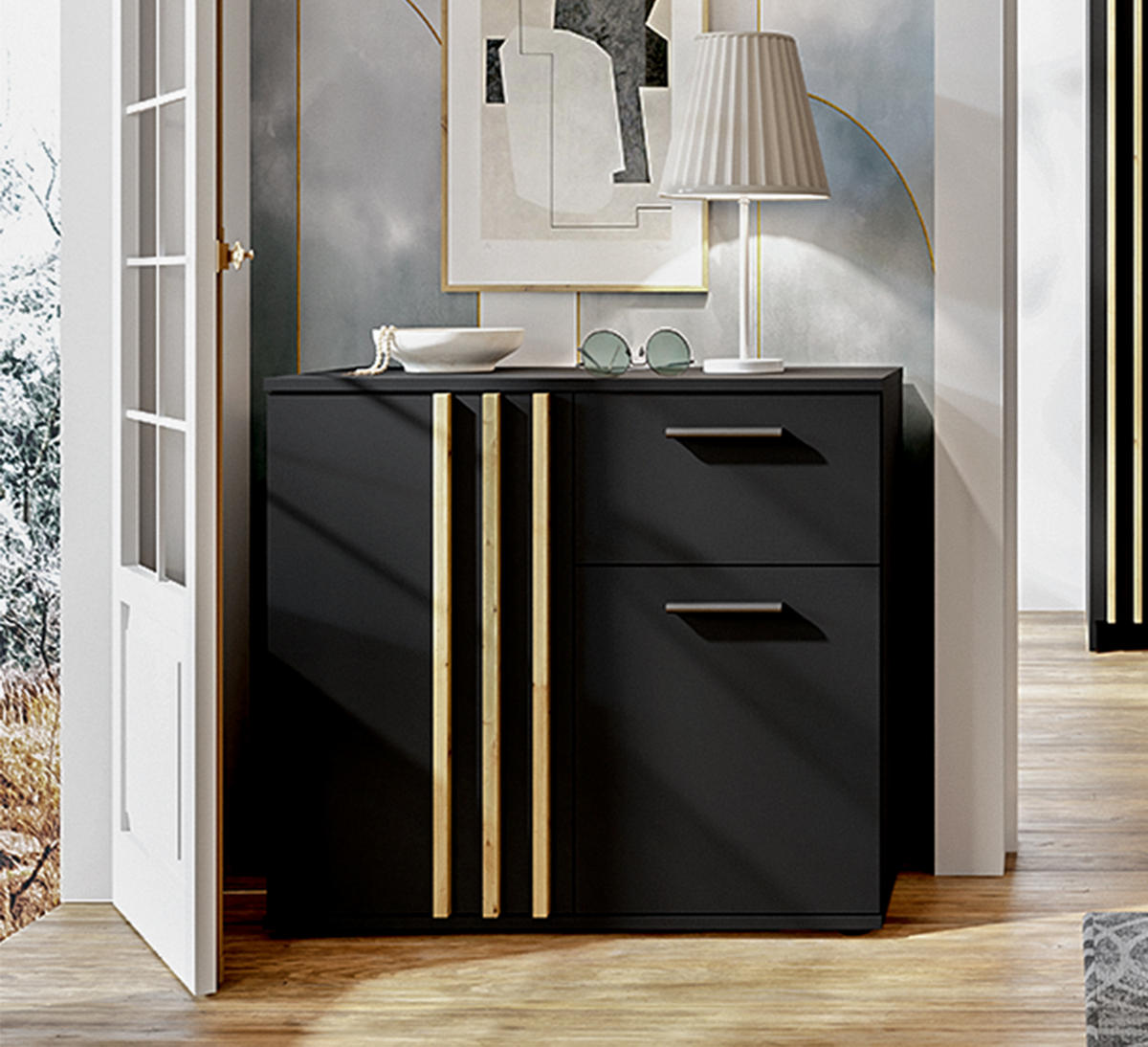 SIDEBOARD Turell 2D1SZ Schwarz 80/73/35 cm – Kommode mit Schublade - Schwarz, Holzwerkstoff/Kunststoff (80/73/35cm) - AX Living