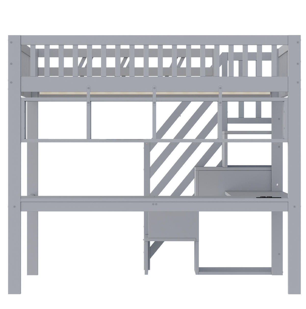 HOCHBETT 140x200 cm Grau mit Schreibtisch, Stauraumtreppe, LED-Beleuchtung und Steckdosen - Grau, Holz (140/200cm) - IVMEU