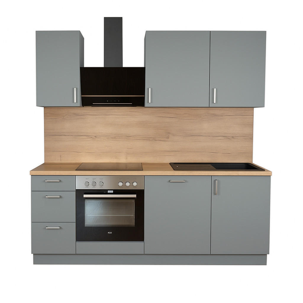 KÜCHENLEERZEILE „Freiburg“ 210 cm – ohne E-Geräte – Steingrau – mit Zubehör - Edelstahlfarben/Grau, Holzwerkstoff/Metall (210/210/60cm) - GEBA