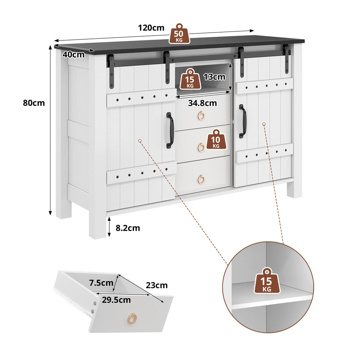 BUFFETSCHRANK in Weiß Seitenschrank mit Schiebetüren und Schubladen für Küche und Wohnzimmer, B120/T40/H80 cm - Weiß, Holzwerkstoff/Metall (120/80/40cm) - STILVORA