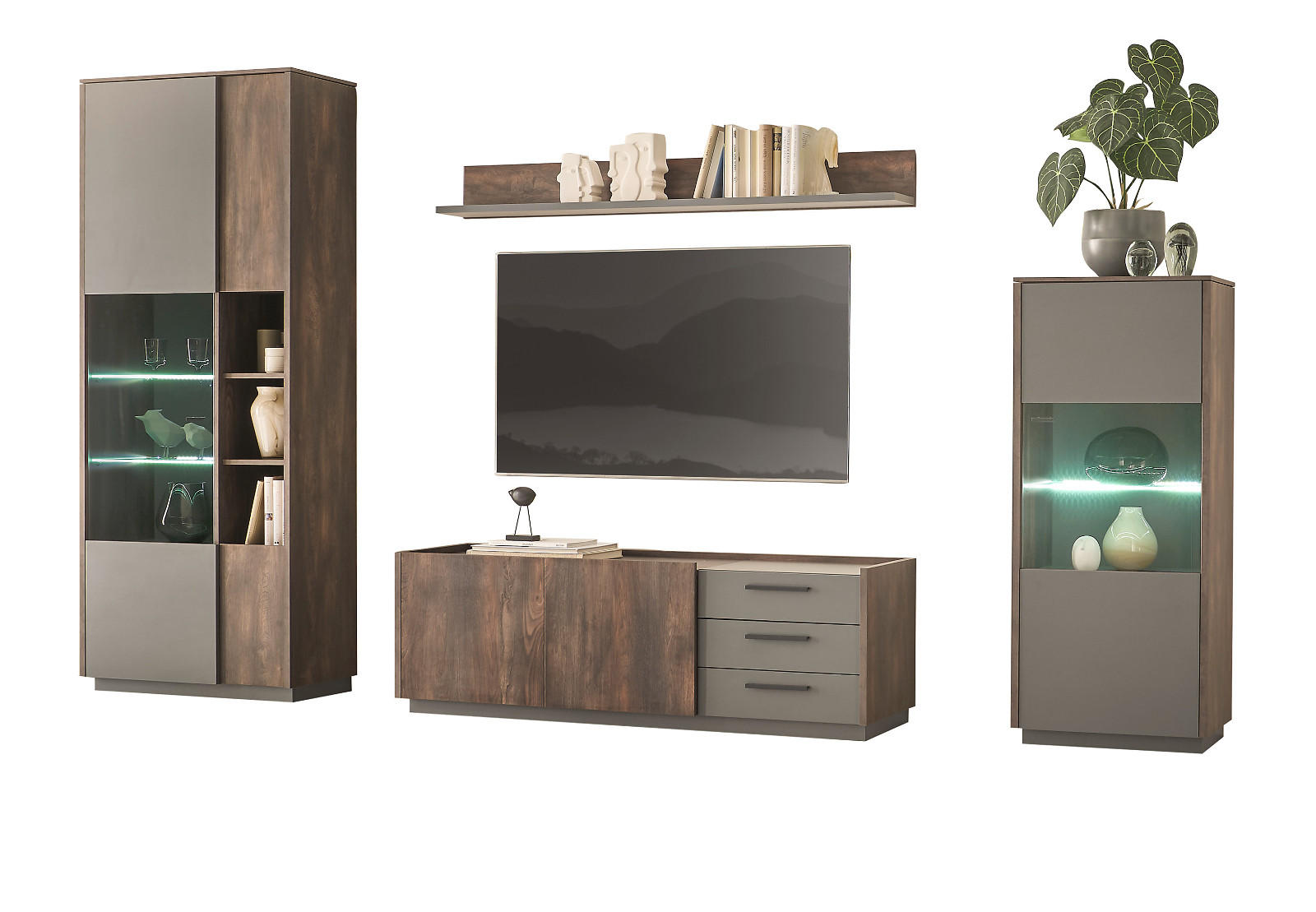 WOHNWAND Thermo Eiche, grau, Wohnkombination 4-teilig mit Soft-Close 327 x 200 cm - Eichefarben/Grau, Holzwerkstoff/Metall (327/200/45cm) - Furn.Design