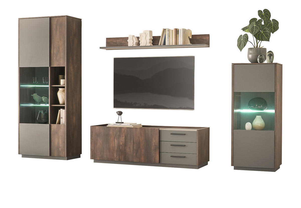WOHNWAND Thermo Eiche, grau, Wohnkombination 4-teilig mit Soft-Close 327 x 200 cm - Eichefarben/Grau, Holzwerkstoff/Metall (327/200/45cm) - Furn.Design