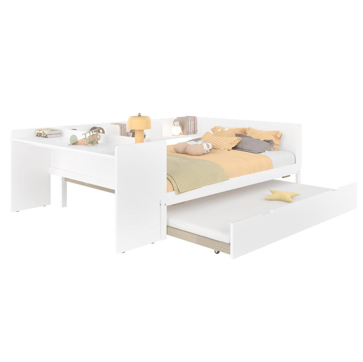 DOPPELBETT aus Kiefernholz und Spanplatte 140x200 cm Weiß mit Schreibtisch, Rollbett und 3 Regalen - Weiß, Holzwerkstoff (140/200cm) - IVMEU