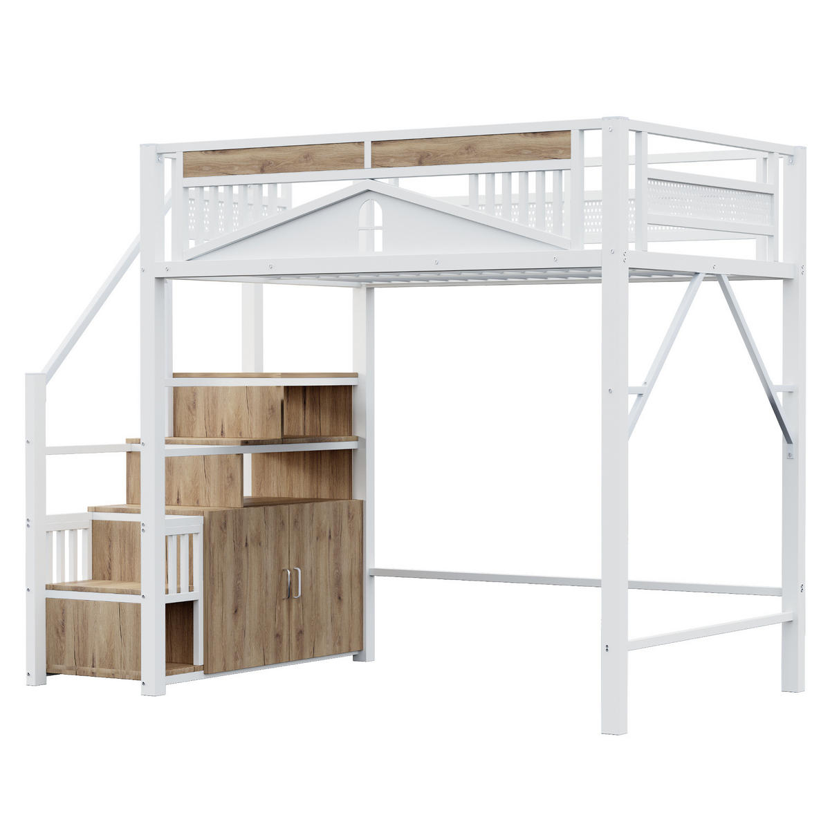 HOCHBETT 140/200 cm mit Treppe, Stauraum und Sicherheitszaun im Fensterdesign, Weiß - Weiß, Metall (140/200cm) - Redom