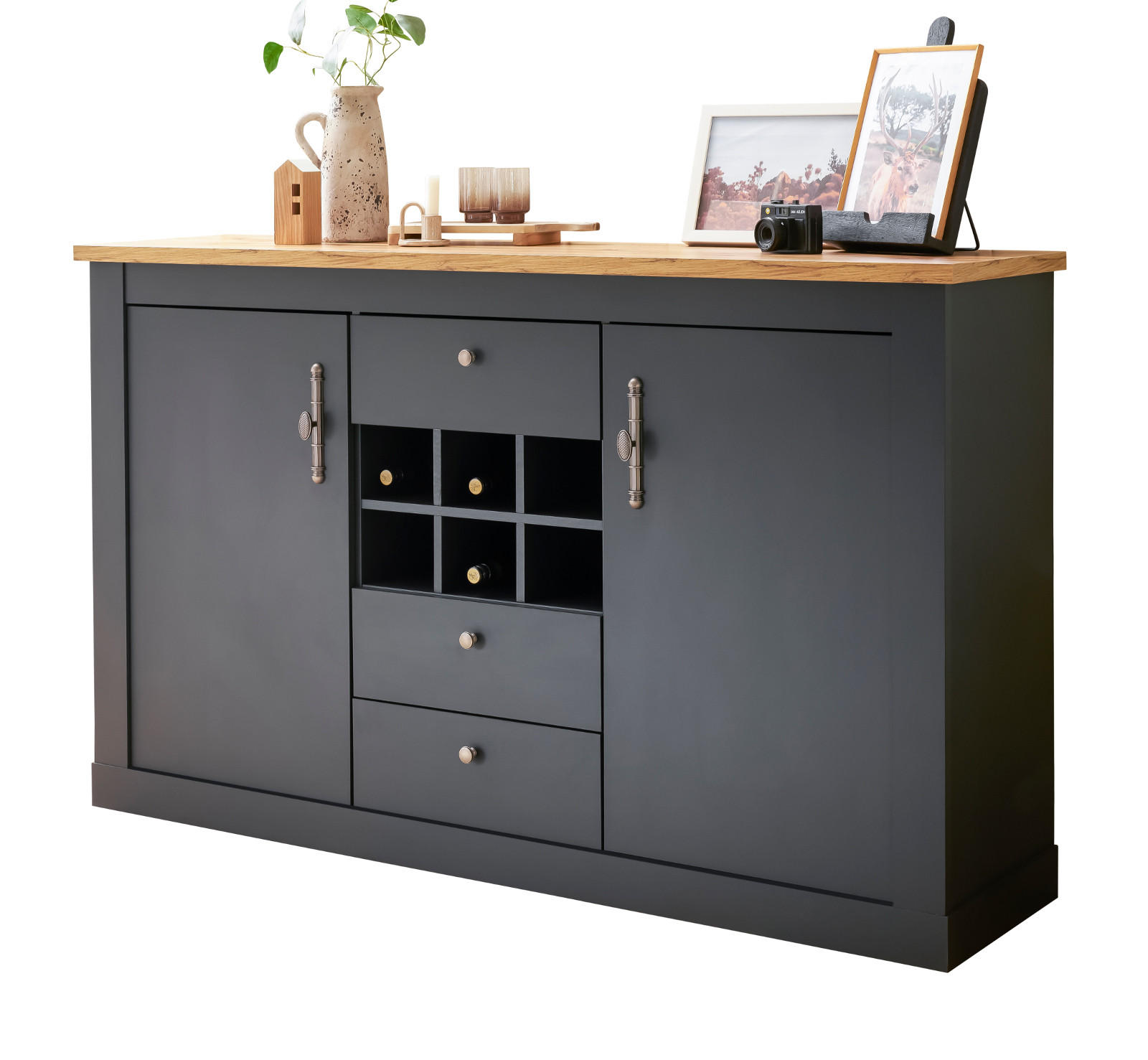 SIDEBOARD grau, Eiche Wotan, Landhaus 169 cm, Kommode mit Soft-Close - Silberfarben/Eiche Wotan, Holzwerkstoff/Kunststoff (169/104/45cm) - Furn.Design