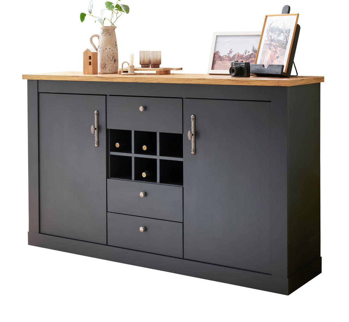 SIDEBOARD grau, Eiche Wotan, Landhaus 169 cm, Kommode mit Soft-Close - Silberfarben/Eiche Wotan, Holzwerkstoff/Kunststoff (169/104/45cm) - Furn.Design