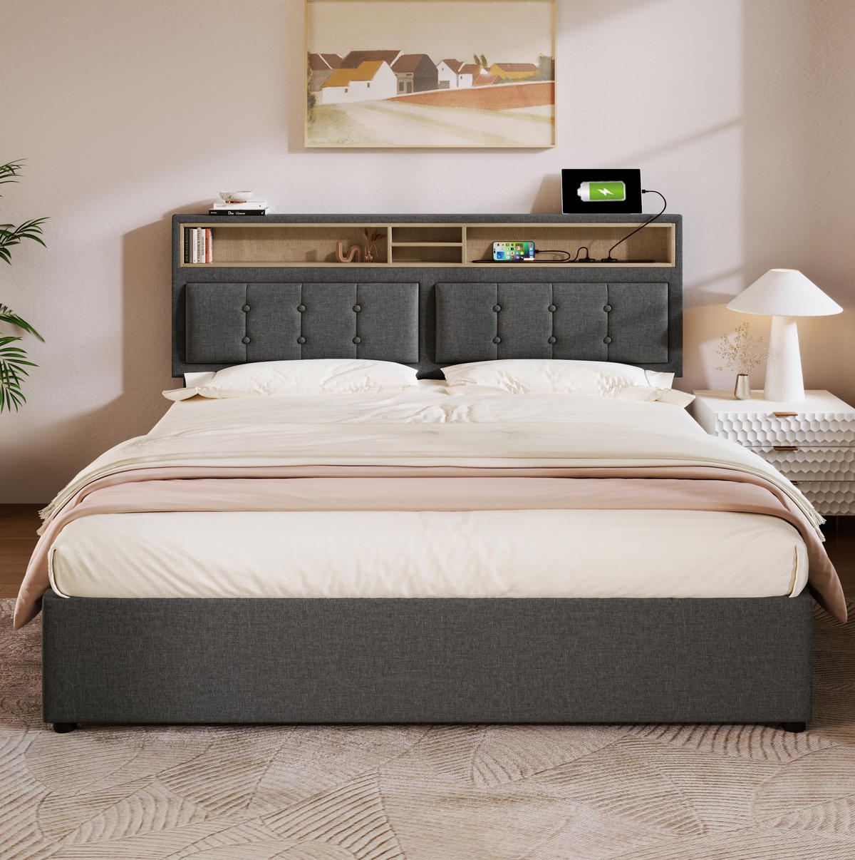 ČALOUNĚNÁ postel 140/200 cm šedá z lněné tkaniny s úložným prostorem a USB-C - šedá, textil (140/200cm) - OKWISH