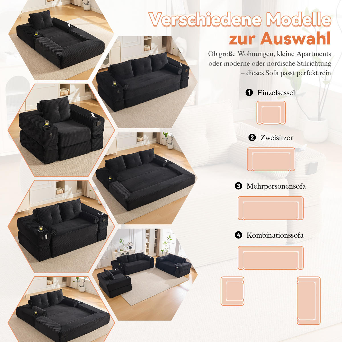 SCHLAFSOFA mit Schlaffunktion, Getränkehalter und Federkern aus Cord - Schwarz, Textil (122/80/98cm) - EVRYAE