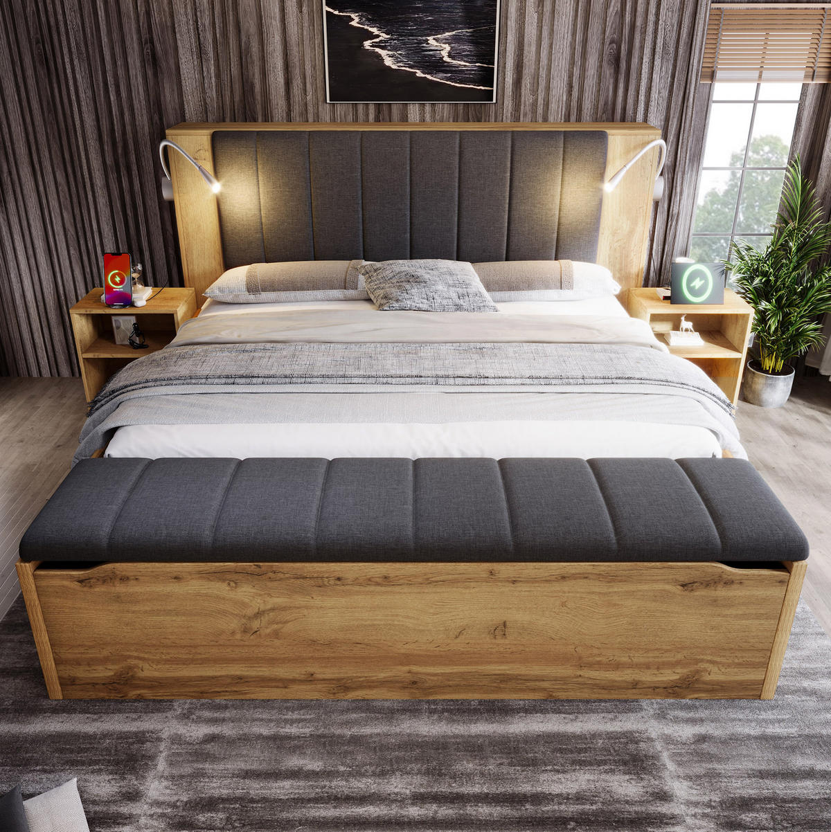BETT 180/200 cm Eiche aus Holz mit Nachttischen, Bettbank und Leselampen - Eichefarben, Holzwerkstoff (180/200cm) - OKMYHOME