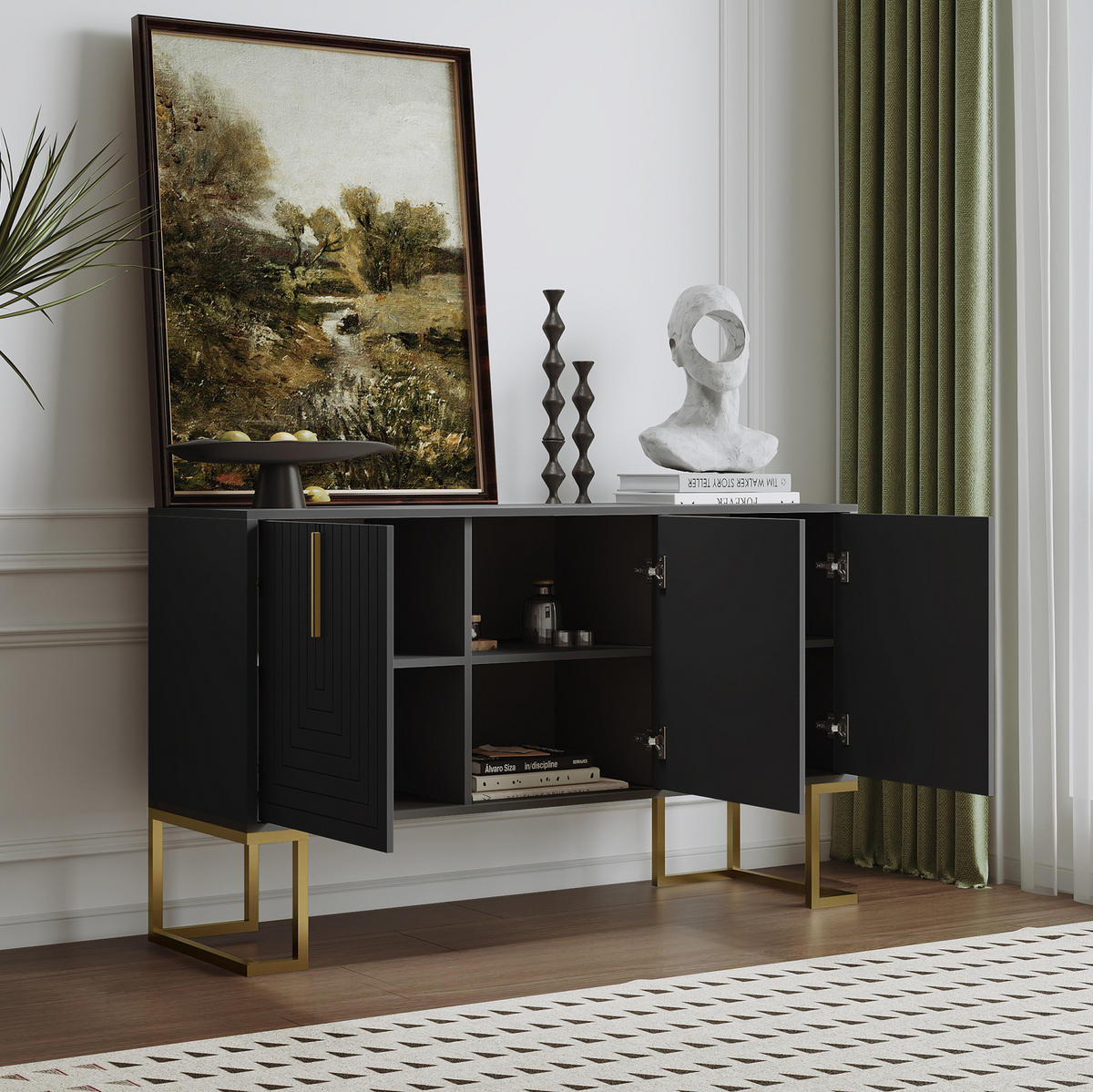 SIDEBOARD Schwarz mit 3 Türen und verstellbaren Regalböden,138/80.5/40 cm - Schwarz, Holzwerkstoff (138/80.5/40cm) - Flora Grace