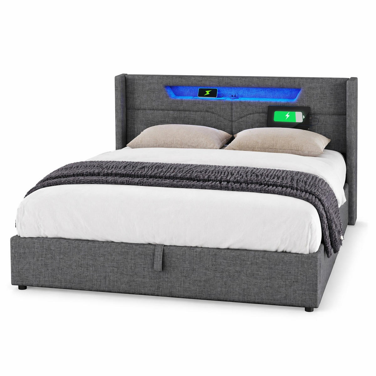 POLSTERBETT 140/200 cm in Grau mit Bettkasten, LED und USB/Type-C Leinen - Grau, Holzwerkstoff/Textil (140/200cm) - CHICFURN