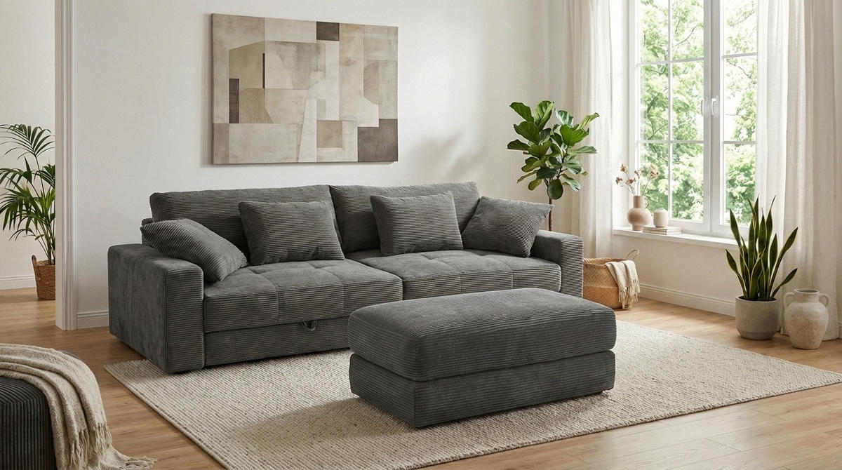 BIG-SOFA mit 2 Bettkästen, viel Stauraum, B274/T113/H84 cm, Liegefläche 103x241 cm, Cord Dunkelgrau / 15261 - Dunkelgrau, Kunststoff/Textil (284/84/113cm) - luma-home