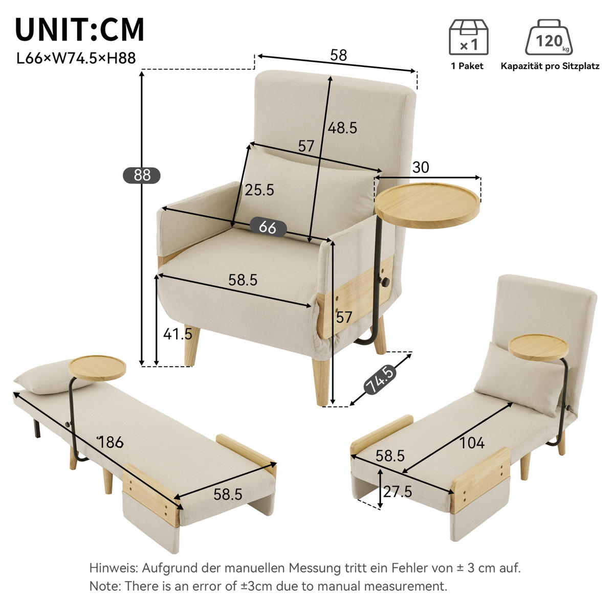 KLAPPSESSEL aus Leinen 88x74,5x66 cm Beige mit Schlaffunktion, 6-fach verstellbarer Rückenlehne und drehbarem Holztablett - Beige, Textil (74.5/88/66cm) - Modfu