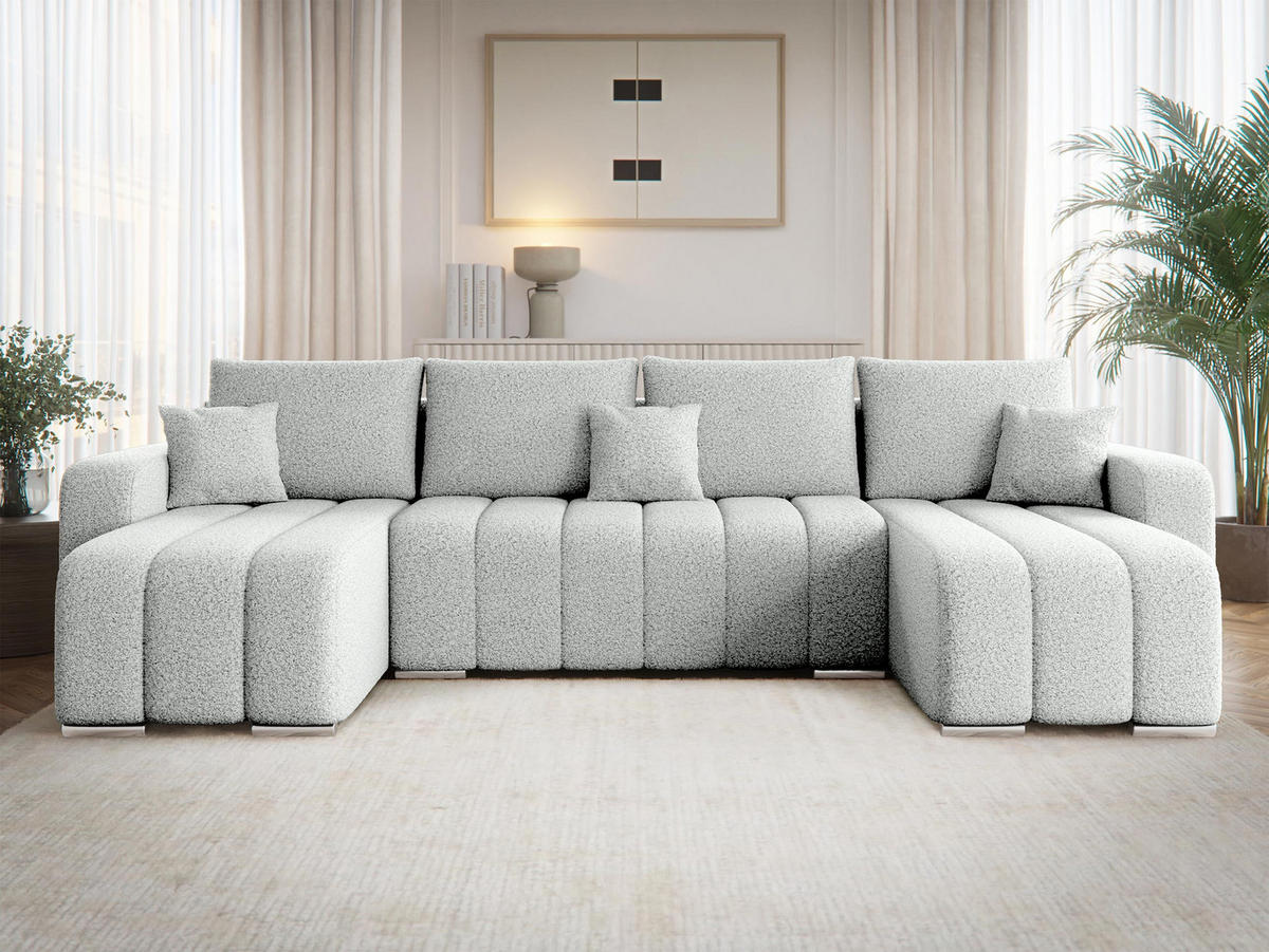 WOHNLANDSCHAFT Pufetto U Boucle - Silberfarben/Hellgrau, Holz/Textil (313/86/147cm) - MIRJAN24