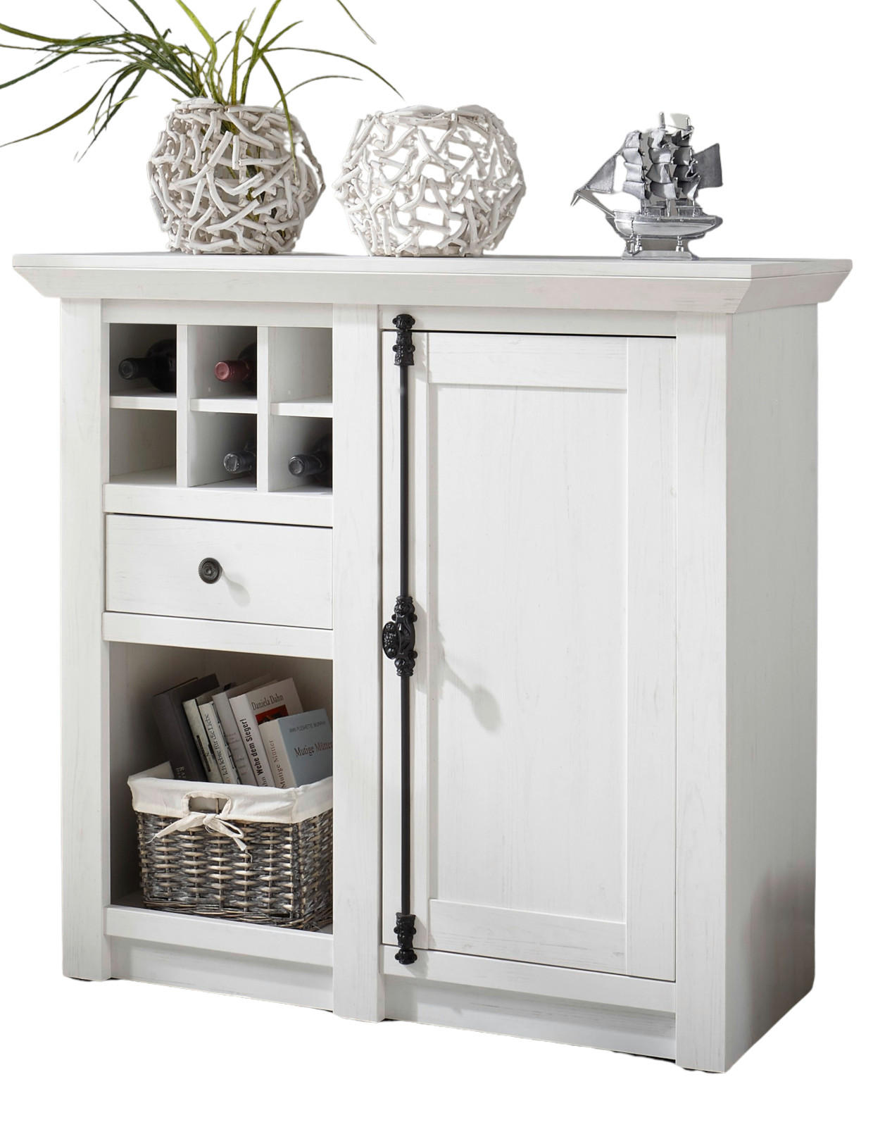 KOMMODE Pinie weiß Landhaus 105 cm, Anrichte mit Weinregal - Schwarz/Weiß, Holzwerkstoff/Metall (105/100/45cm) - Furn.Design