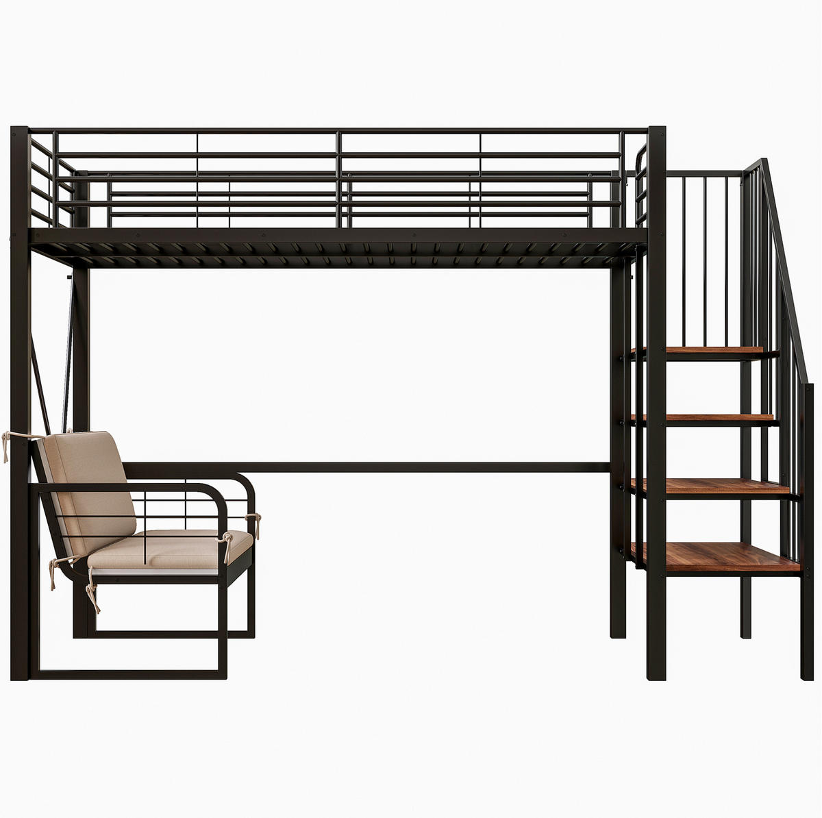 HOCHBETT 90/200 cm aus Metall und MDF mit Stauraumtreppe und abnehmbarem Polstersofa Schwarz - Schwarz, Metall (90/200cm) - Modenvie
