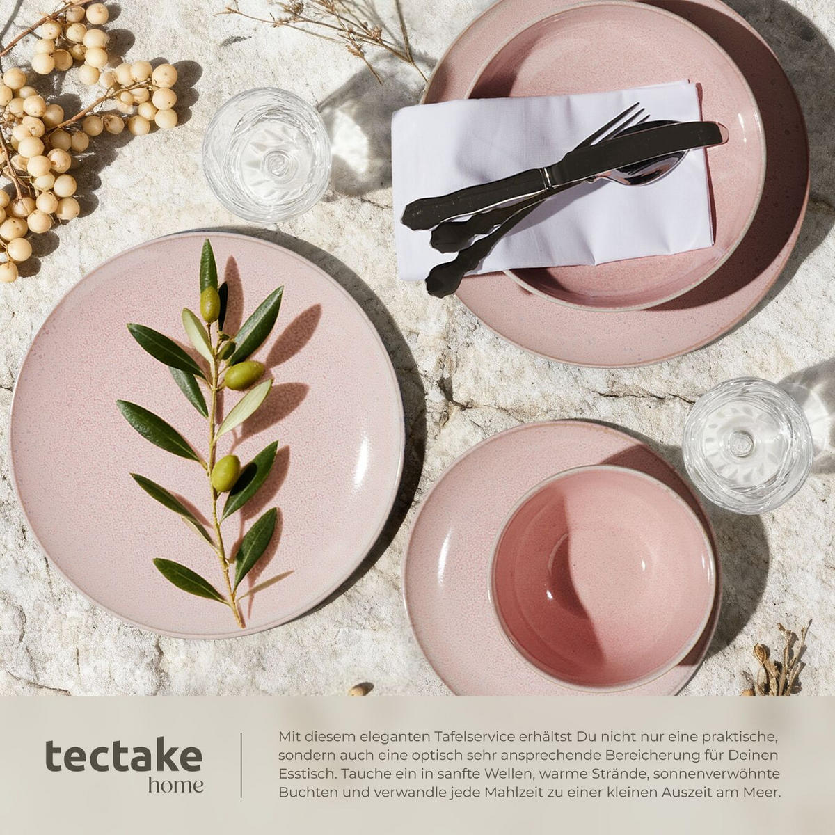 TAFELSERVICE Mare, ineinander stapelbar, rosa - Rosa, Keramik (26.5/2.5/26.5cm) - tectake