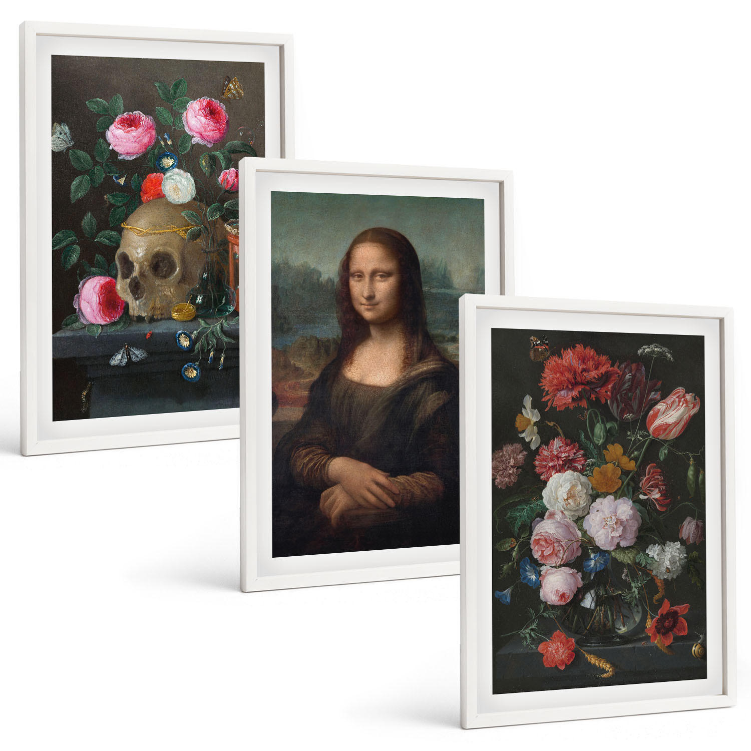 BILDER SET 3er Set - 40x60 cm Weißer Rahmen - Blumenschädel-Porträt Mona Lisa - Weiß, Kunststoff (40/60cm) - TULUP