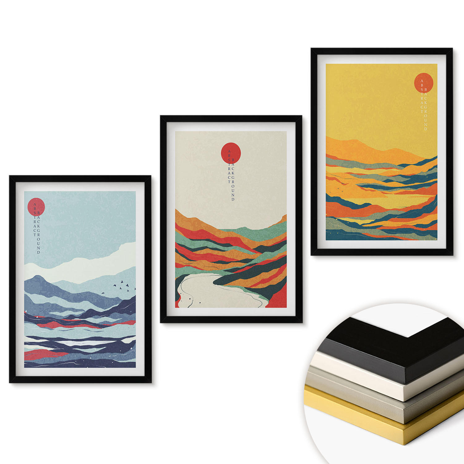 WANDBILDER 3er-Set - 40x60 cm Schwarzer Rahmen - Abstraktion von farbenfrohen Bergen und Flüssen - Schwarz, Kunststoff (40/60cm) - ArtPrintCave
