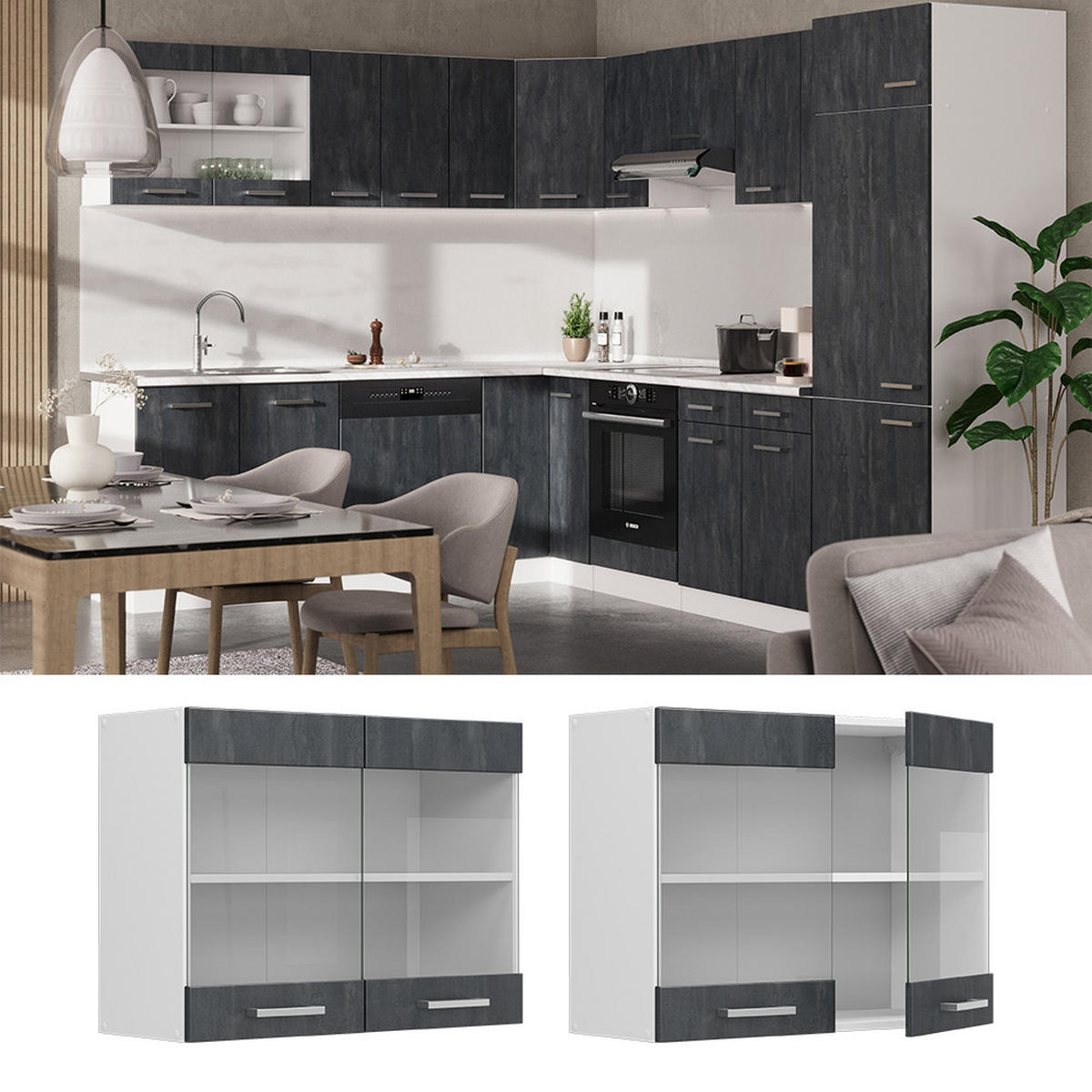 KÜCHENGLASSCHRANK R-Line Schwarz Beton 80 cm - Schwarz/Weiß, Holzwerkstoff (80/60/31cm) - Vicco