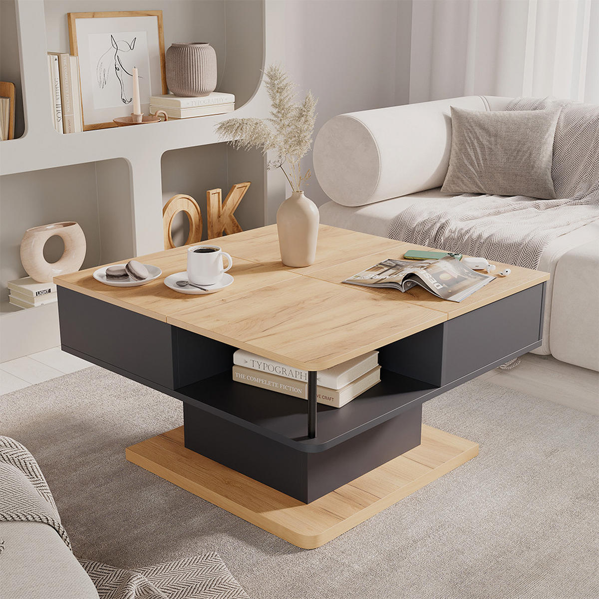 COUCHTISCH Movira Anthrazit 80 x 45 cm mit Staufächern - Honigeiche/Anthrazit, Holzwerkstoff (45/80/80cm) - Vicco