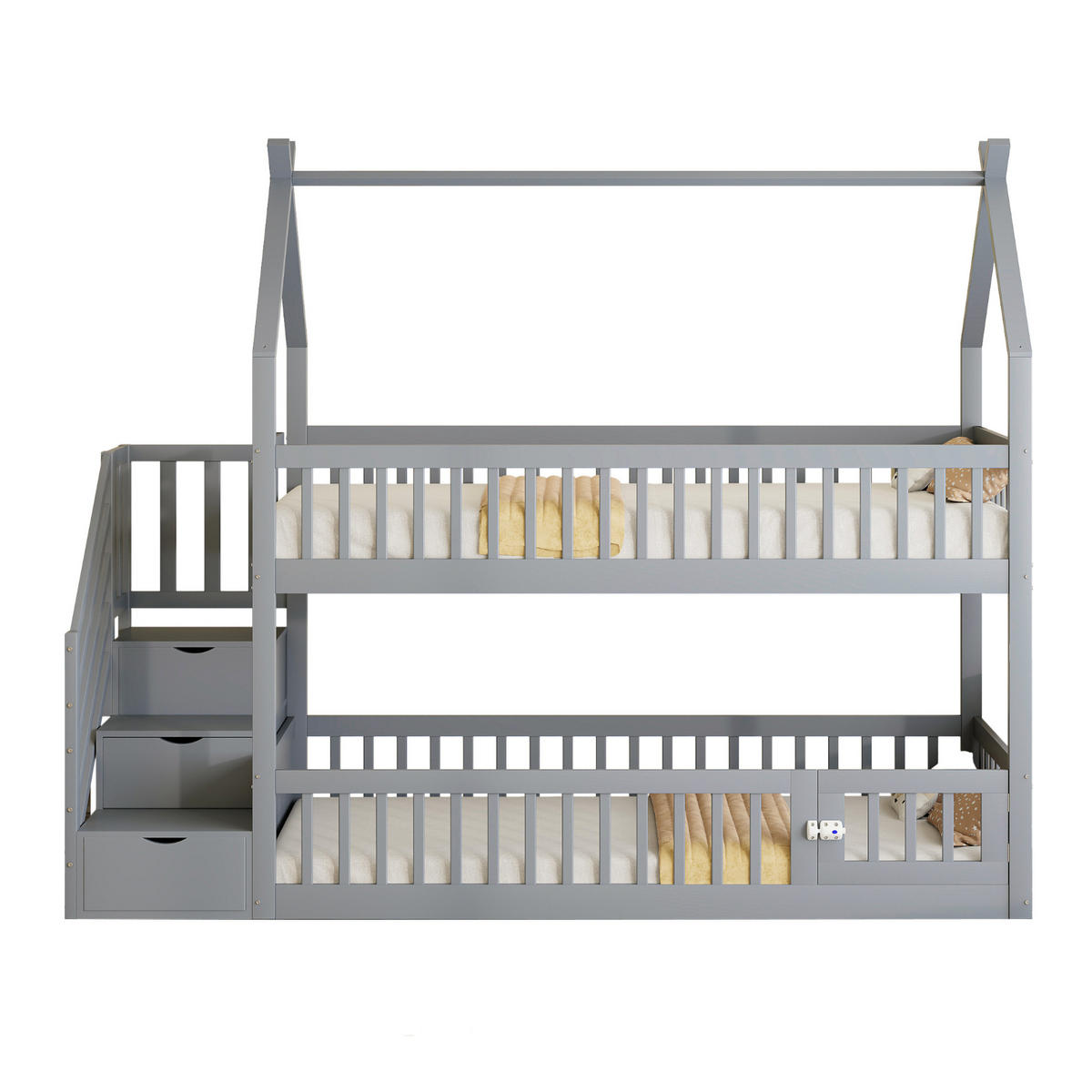 ETAGENBETT aus Massivholz 90x200 cm Grau mit Dach, Sicherheitstreppe und Schubladen - Grau, Holzwerkstoff (90/200cm) - IVMEU