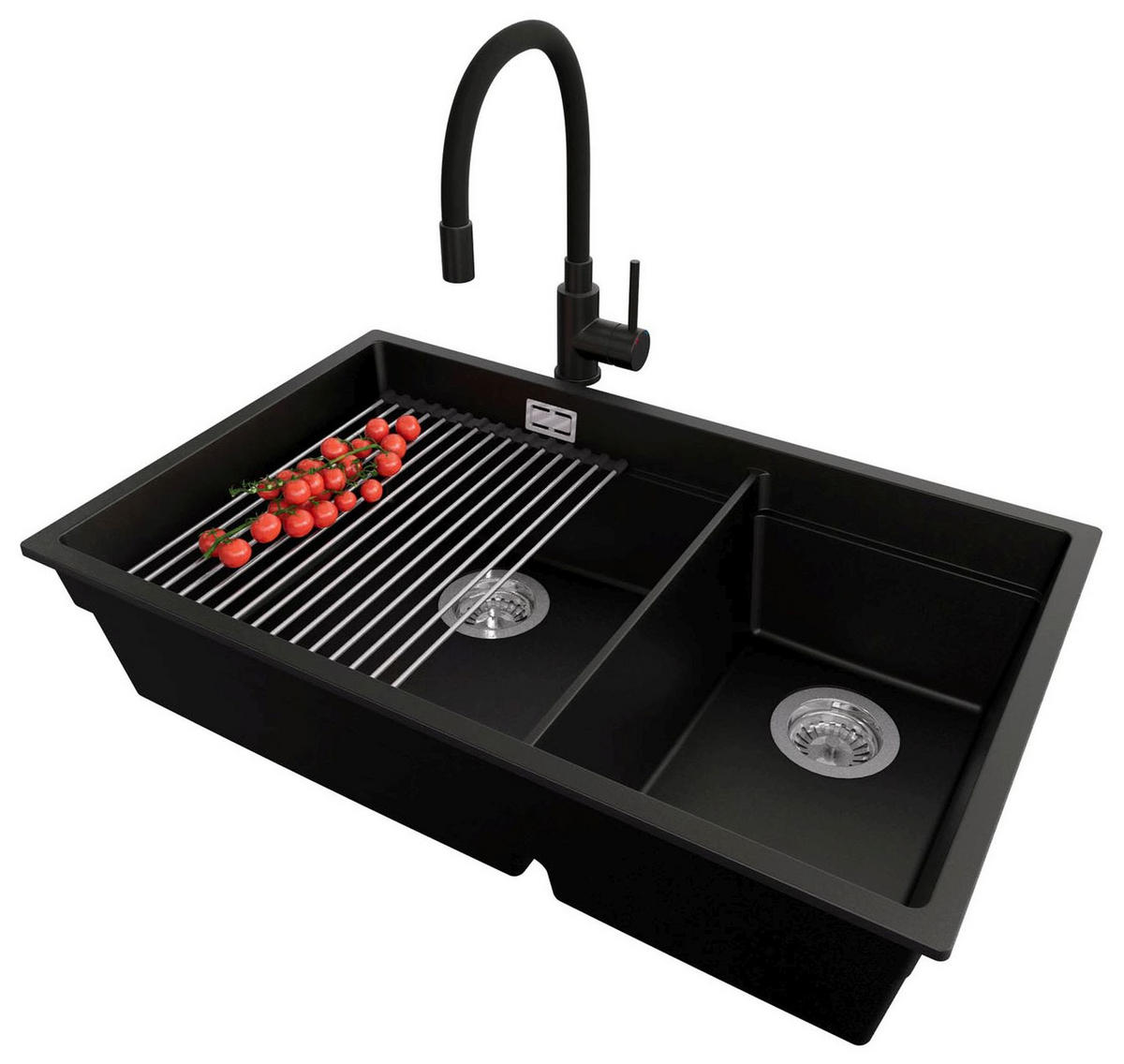 GRANITSPÜLE Praga Slim Duo, 2-er set Schwarz 76/47 cm 2 Becken + Küchenarmatur 40/38 cm + Ablauf-Set + Aufrollbare Abtropffläche ab 80er Unterschrank - Chromfarben/Schwarz, Kunststoff (76/20/47cm) - Primagran