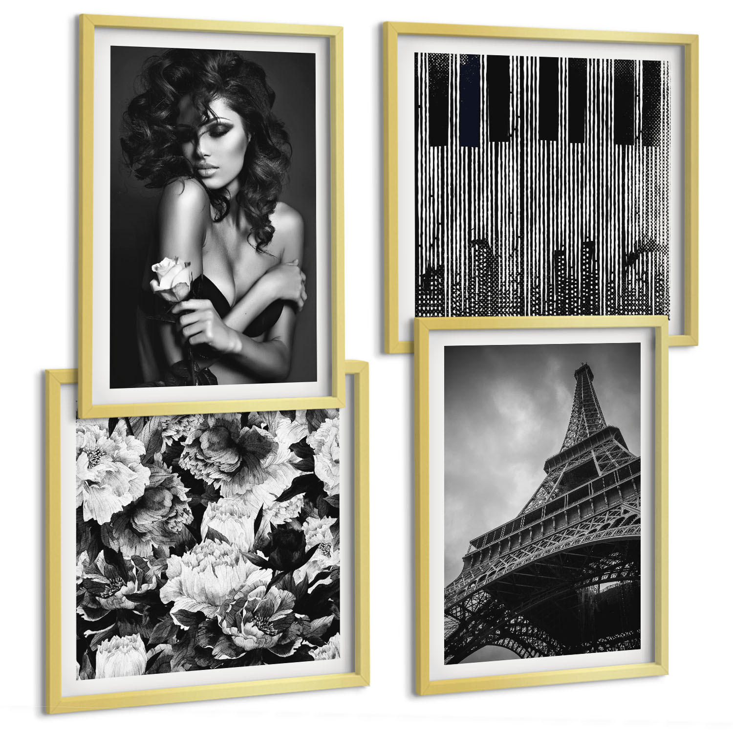BILDER SET 4er Set - 50x50 cm & 40x60 cm Goldrahmen - Porträt einer Frau mit einer Eiffel-Rose - Goldfarben, Kunststoff (50/50cm) - TULUP