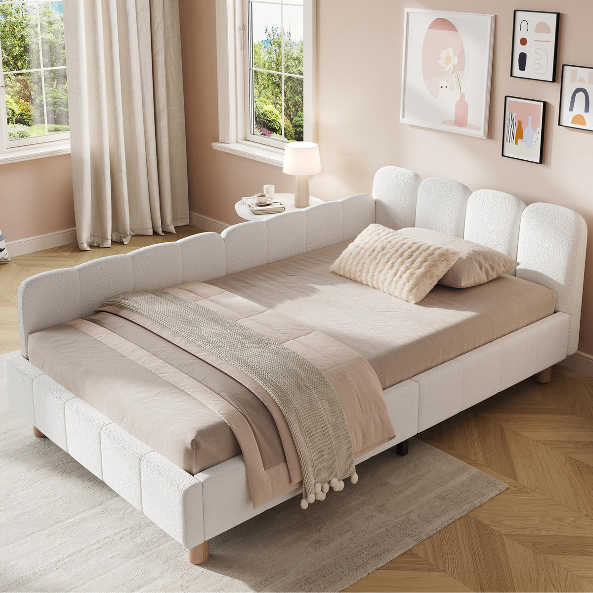 KINDERBETT 140/190 cm beige aus Samt mit Kopfteil und Seitenteilen - Beige, Textil (140/190cm) - OKWISH