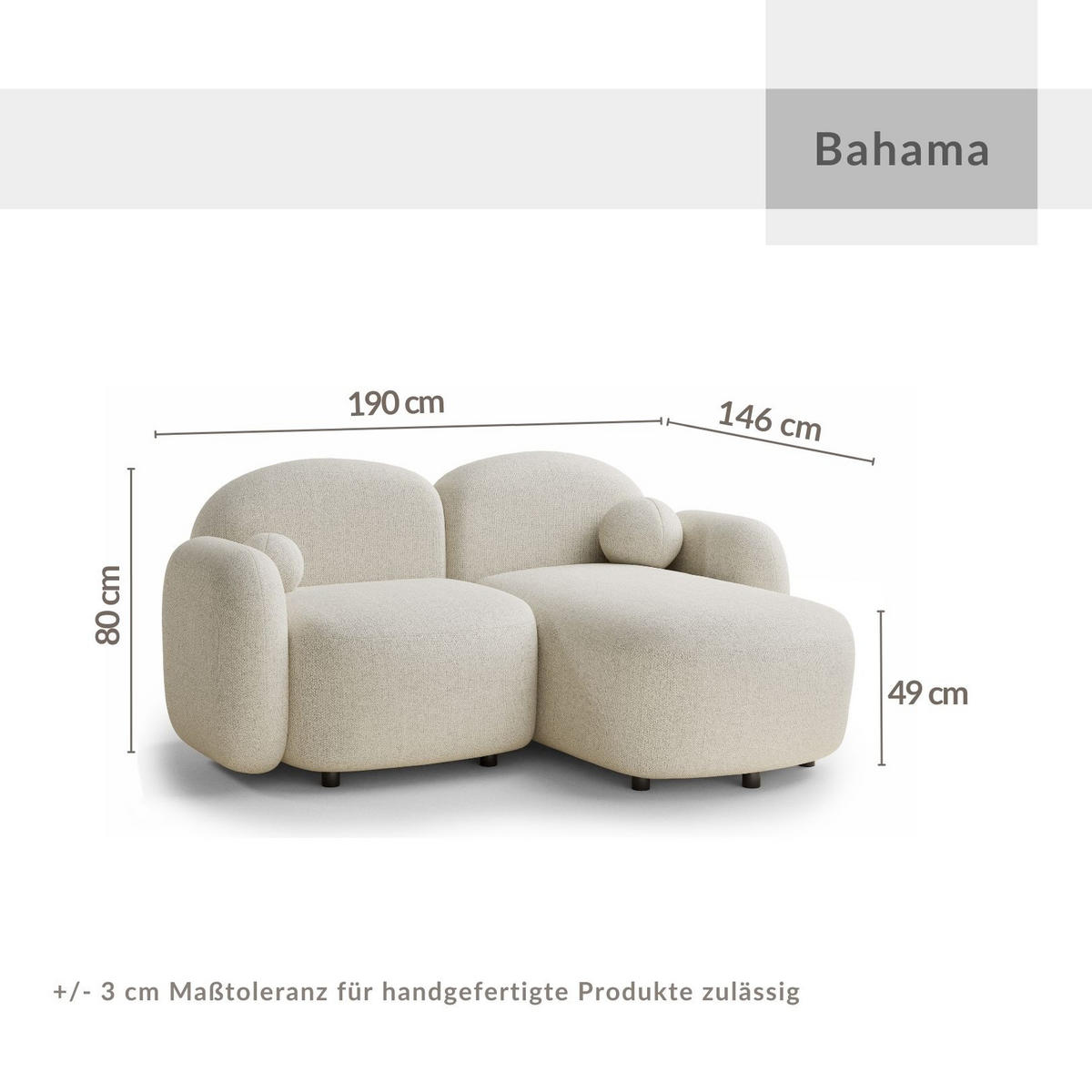 ECKSOFA Bahama Creme Webstoff - Creme/Schwarz, Holz/Holzwerkstoff (190/146cm) - Maison de Reve