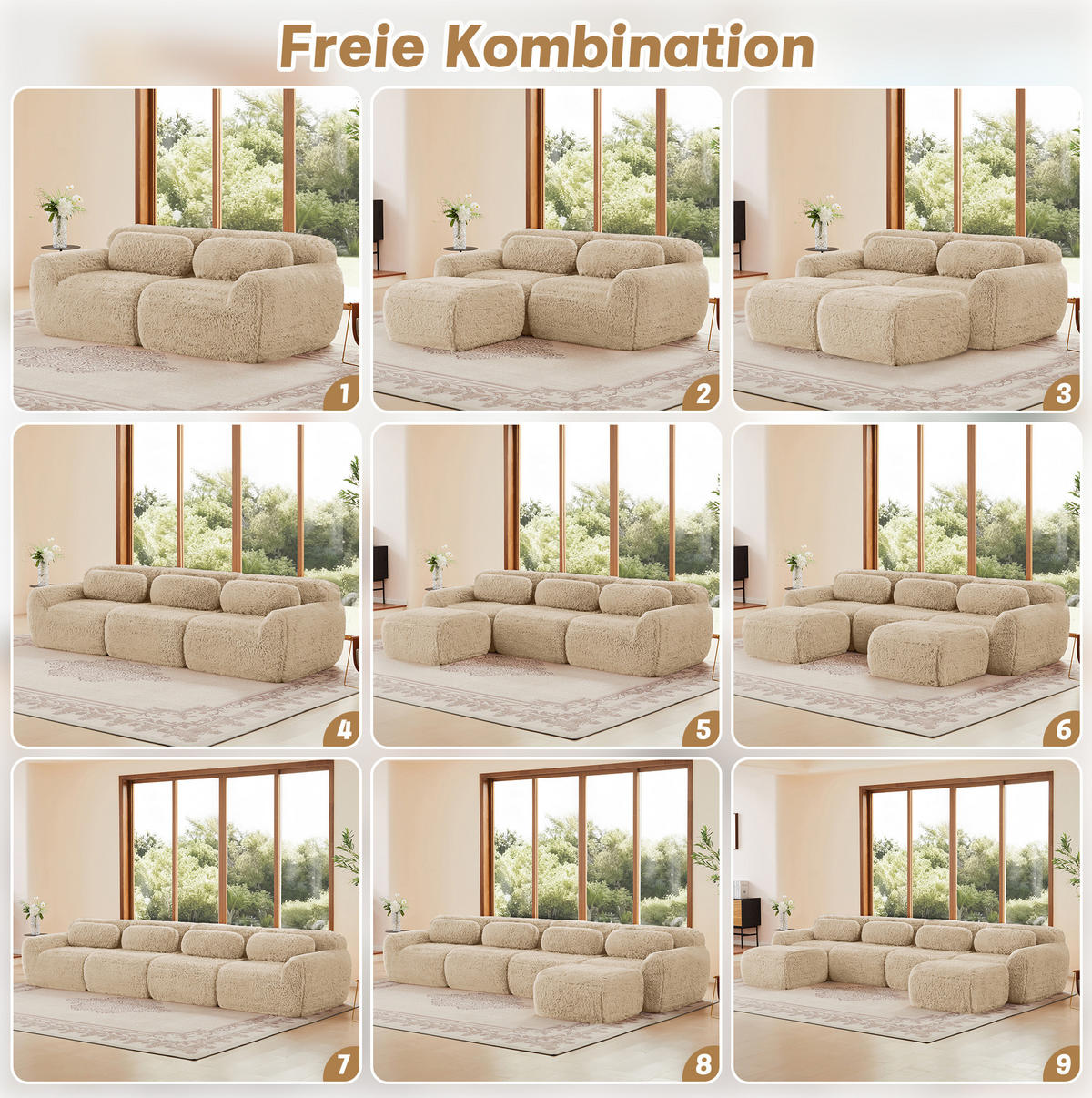 ECKSOFA in L-Form modular mit Ottoman, Premium-Plüschstoff und ohne Montage, Hellkhaki - Beige, Textil (204/179cm) - Redom