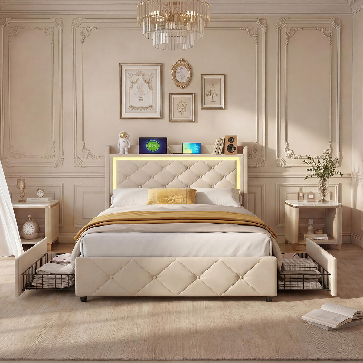 POLSTERBETT,EINZELBETT 90x200 mit Schubladen und LED&USB,Grau - Beige, Holz/Metall (90/200cm) - PARAFTA HOME