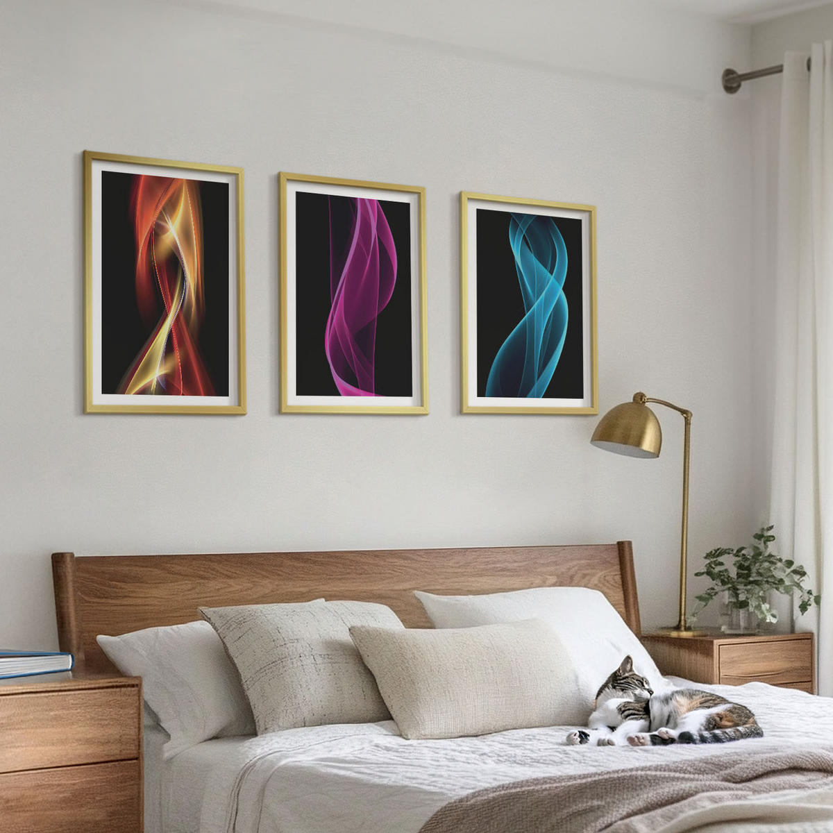 BILDER SET 3er Set - 40x60 cm Goldrahmen - Neonwellenlinien auf dunklem Hintergrund - Goldfarben, Kunststoff (40/60cm) - TULUP
