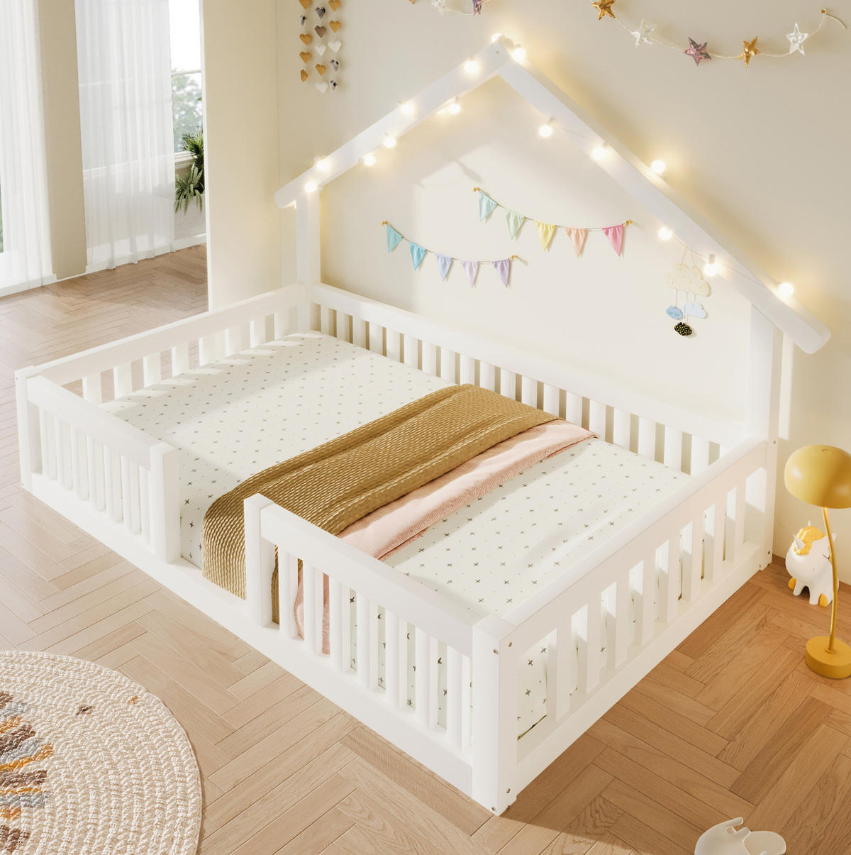 HAUSBETT 90x200 cm in Weiß mit Rausfallschutz und LED-Lichterkette - Weiß, Holz (90/200cm) - IVMEU