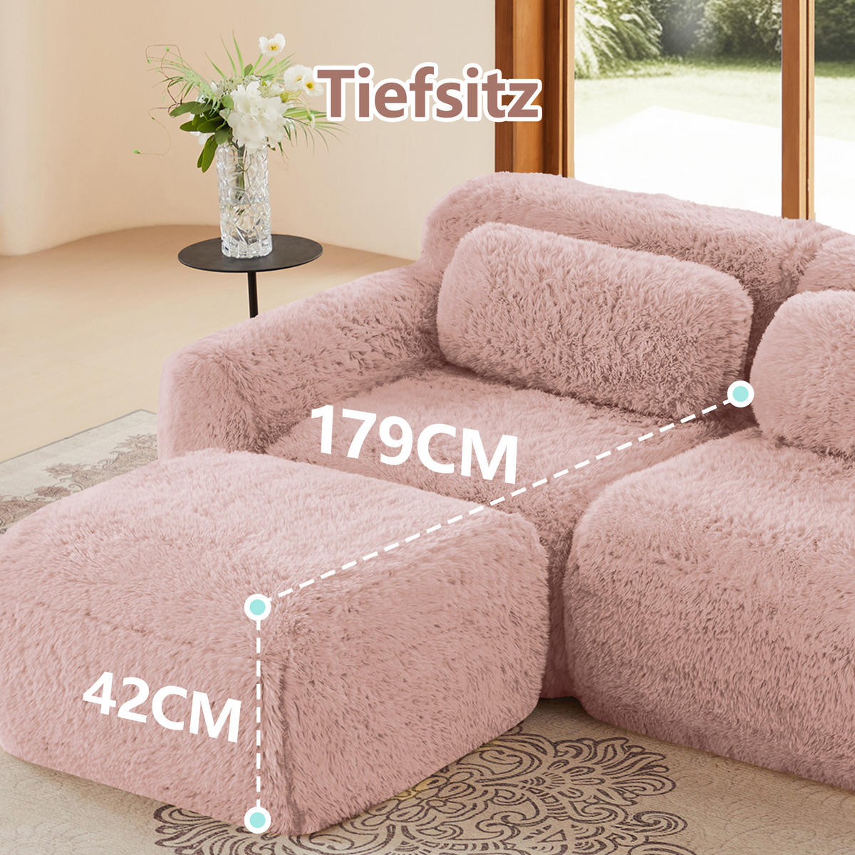 SCHLAFSOFA 2-Sitzer aus Plüschstoff mit 2 Hockern, Rosa - Rosa, Textil (204/73/179cm)