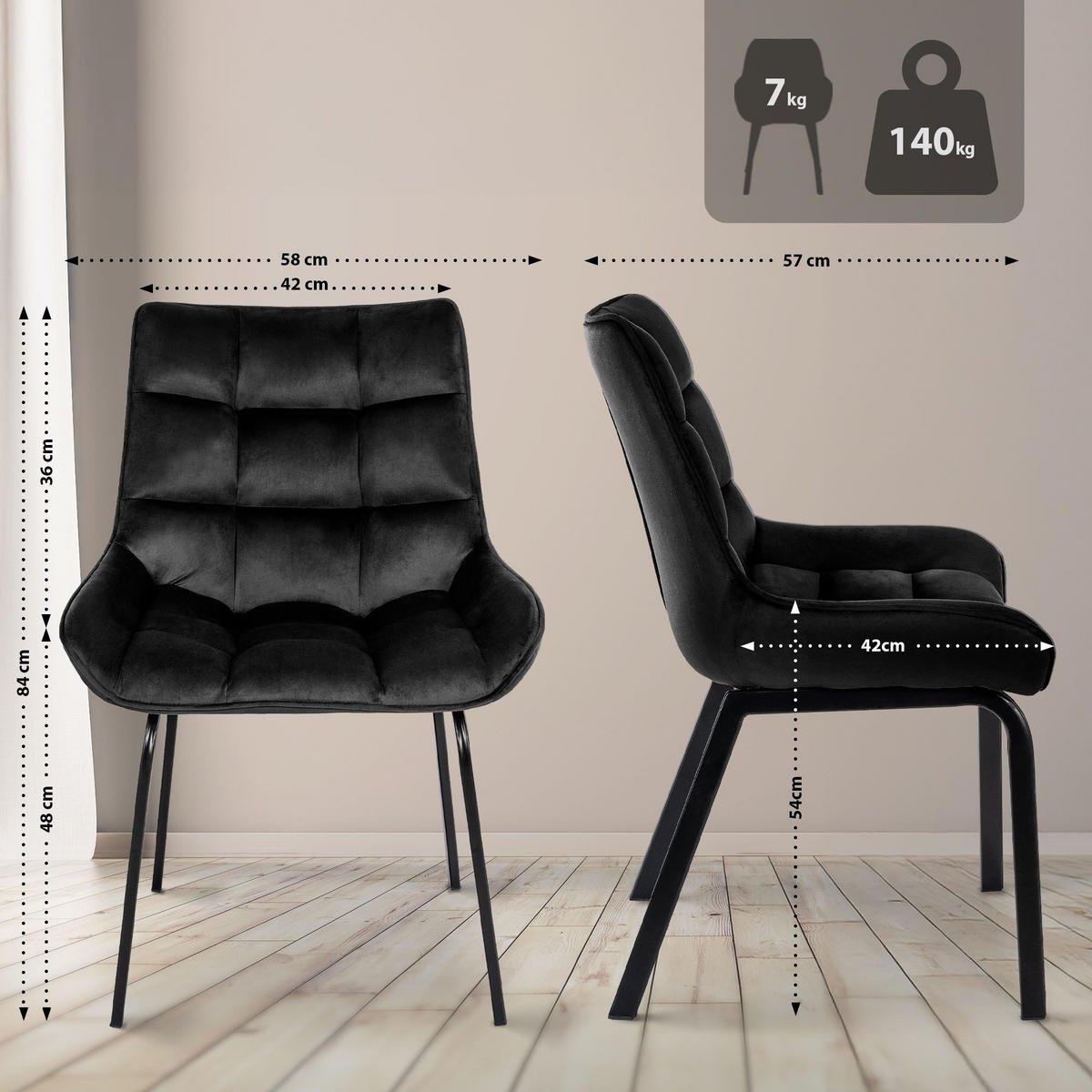 STUHL Samt schwarz - Schwarz, Textil/Metall (58/84/57cm) - CLP
