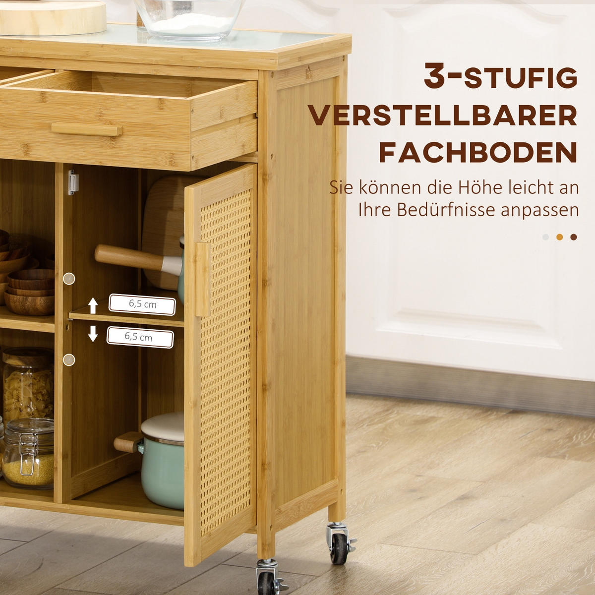 KÜCHENINSEL Servierwagen mit Schublade und Schrank, MIT GLASPLATTE, 84/36/85 cm - Naturfarben, Holzwerkstoff (36/85/84cm) - Rolipo