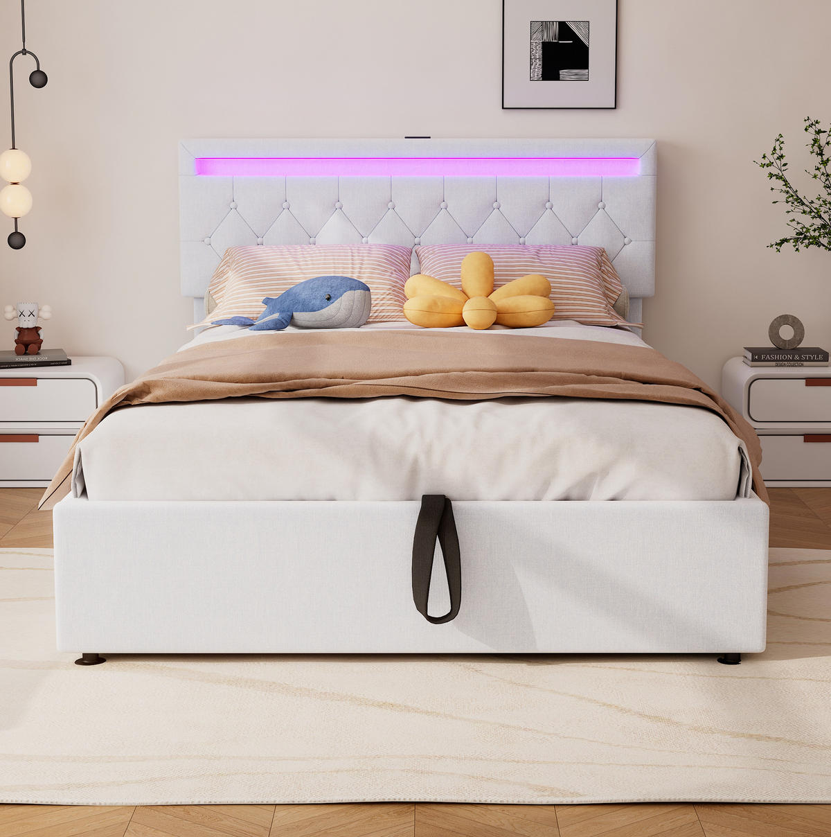 POLSTERBETT 140/200 cm Weiß mit Stauraum, LED-Beleuchtung und USB-Anschlüssen - Weiß, Textil (140/200cm) - Flora Grace