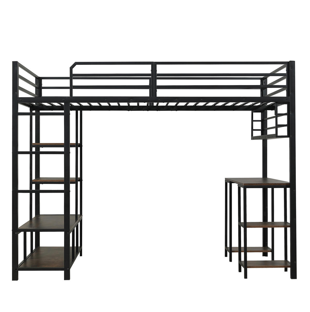 HOCHBETT 120/200 cm mit Schreibtisch, Ablage und 4-stufiger Leiter, stabile Lattenroste, Schwarz/Dunkelwalnuss - Schwarz, Metall (120/200cm) - Redom