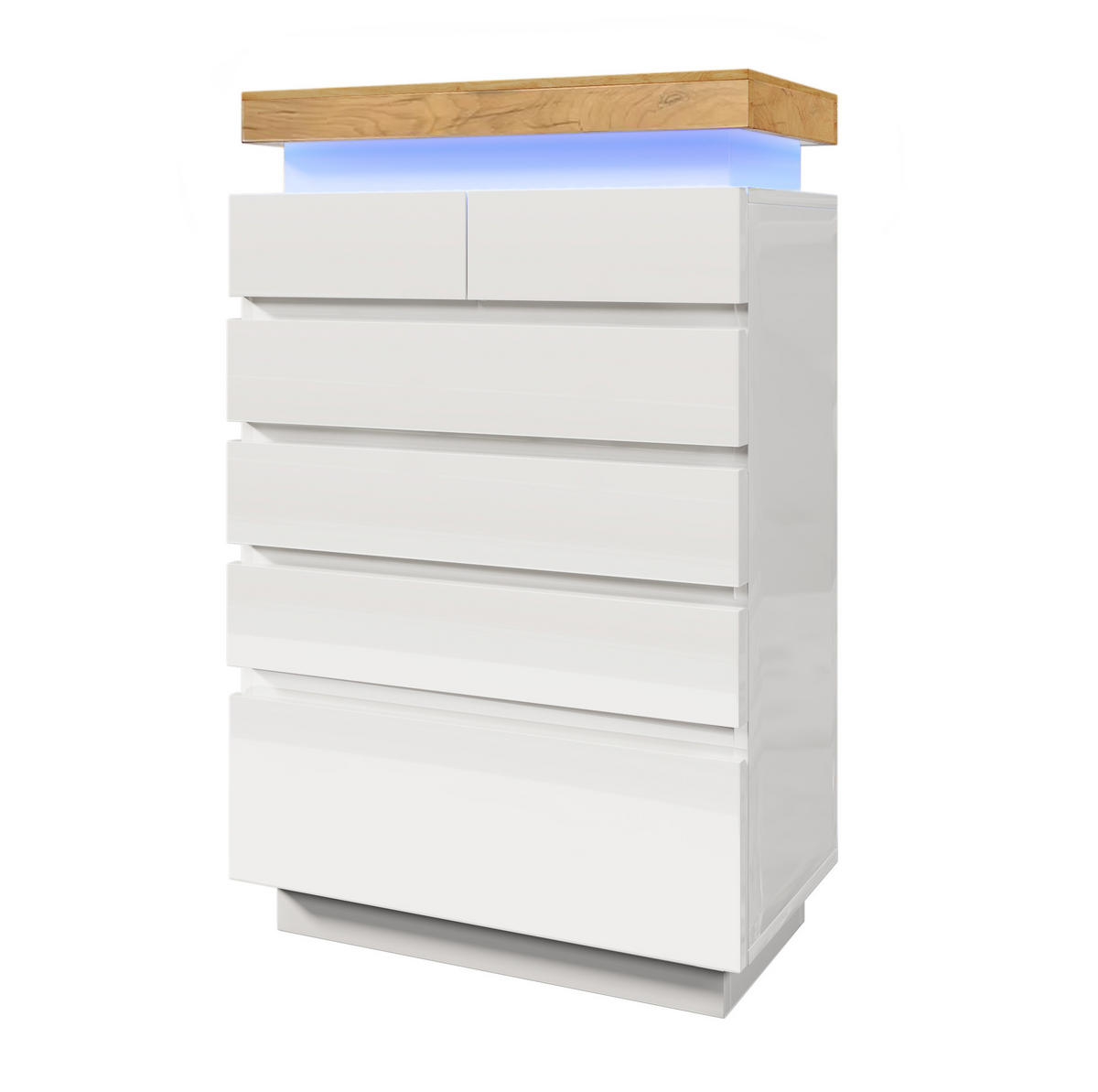KOMMODE aus Spanplatte und MDF 39x73x115 cm Weiß mit LED-Beleuchtung, 6 Schubladen und Hochglanzfront - Weiß, Holzwerkstoff (73/115/39cm) - Modfu