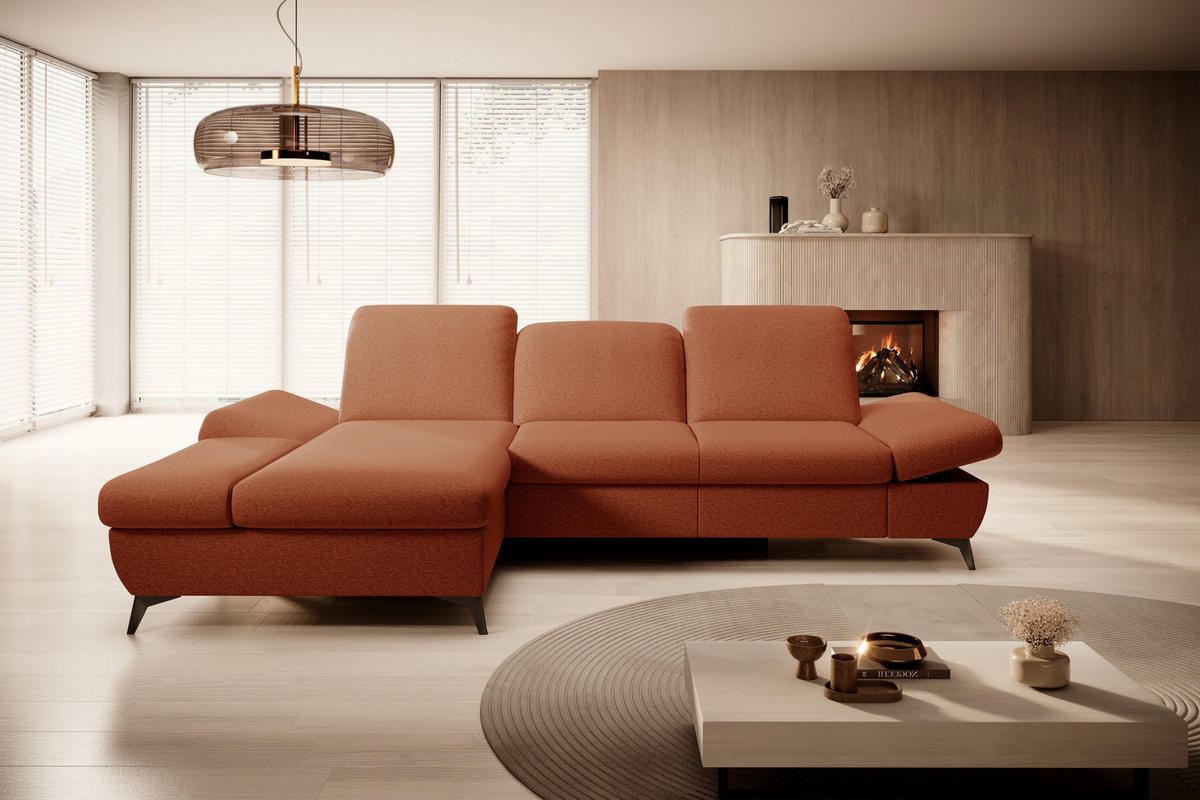 ECKSOFA FELICE L-S Orange Geflochtener Stoff mit Schlaffunktion - Orange, Holz (284/166cm) - MASSENO