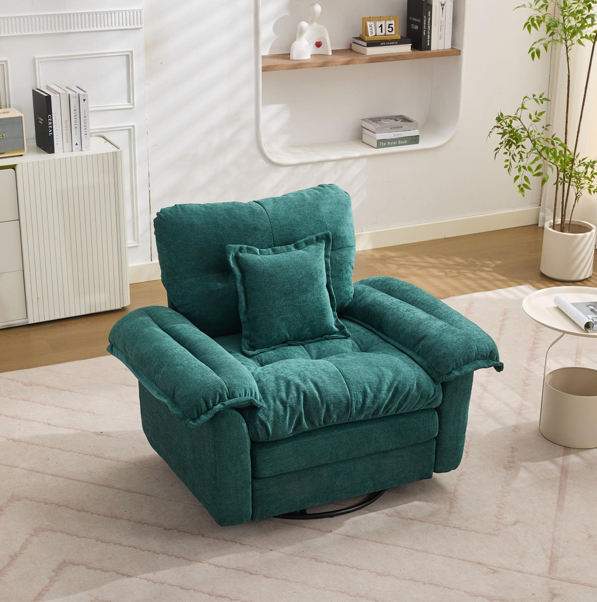 KRESLO z chenille zelenej farby, 360° otočné, oversized, s podporným vankúšom,84/116/96 cm - zelená, textil (84/96/116cm) - BEAOK