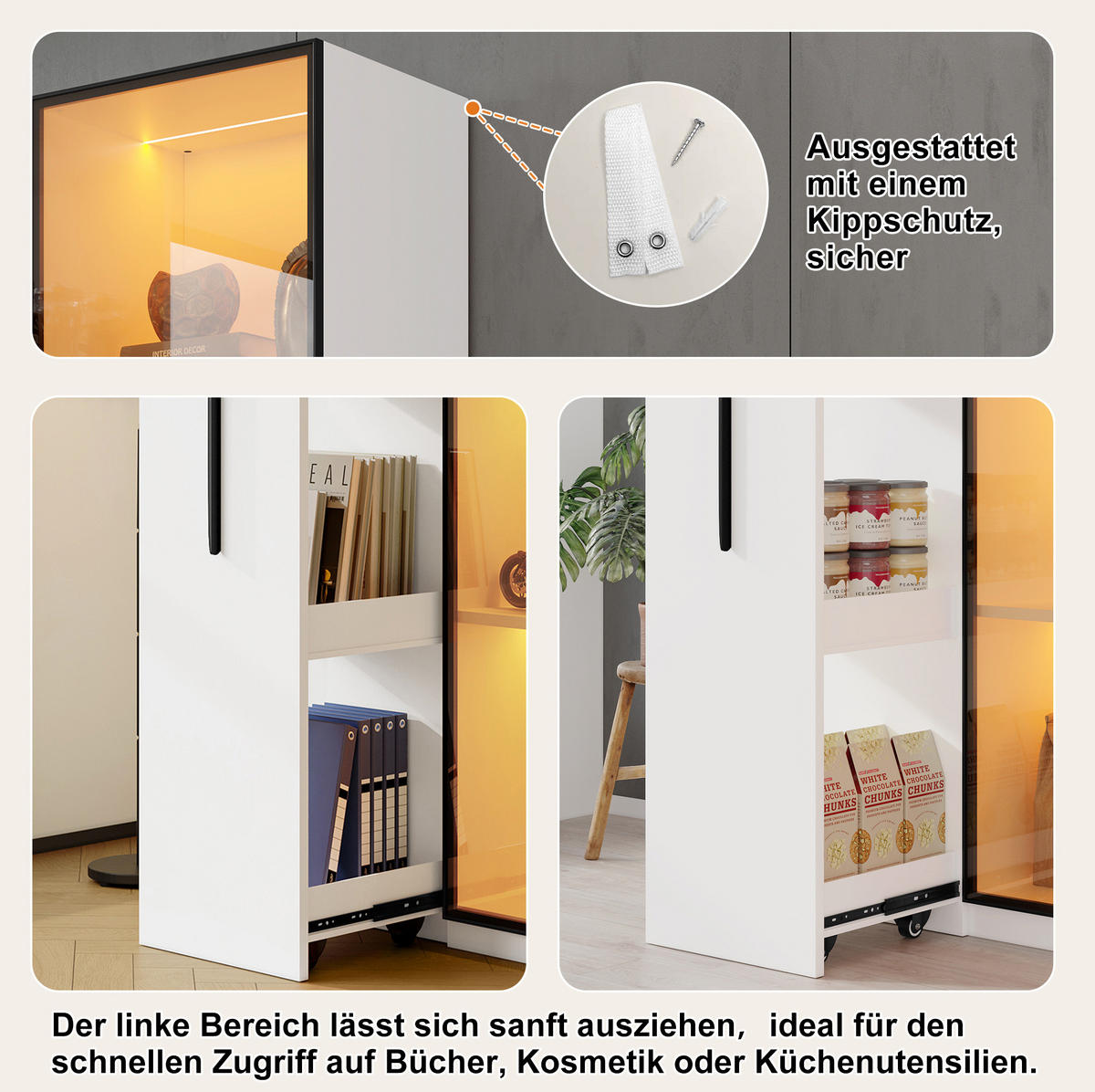 VIŠENAMJENSKI ormar 70/40/160 cm bijeli od MDF-a s izvlačnom policom LED rasvjetom i staklenim vratima - bijela, drvni materijal (70/160/40cm) - OKWISH