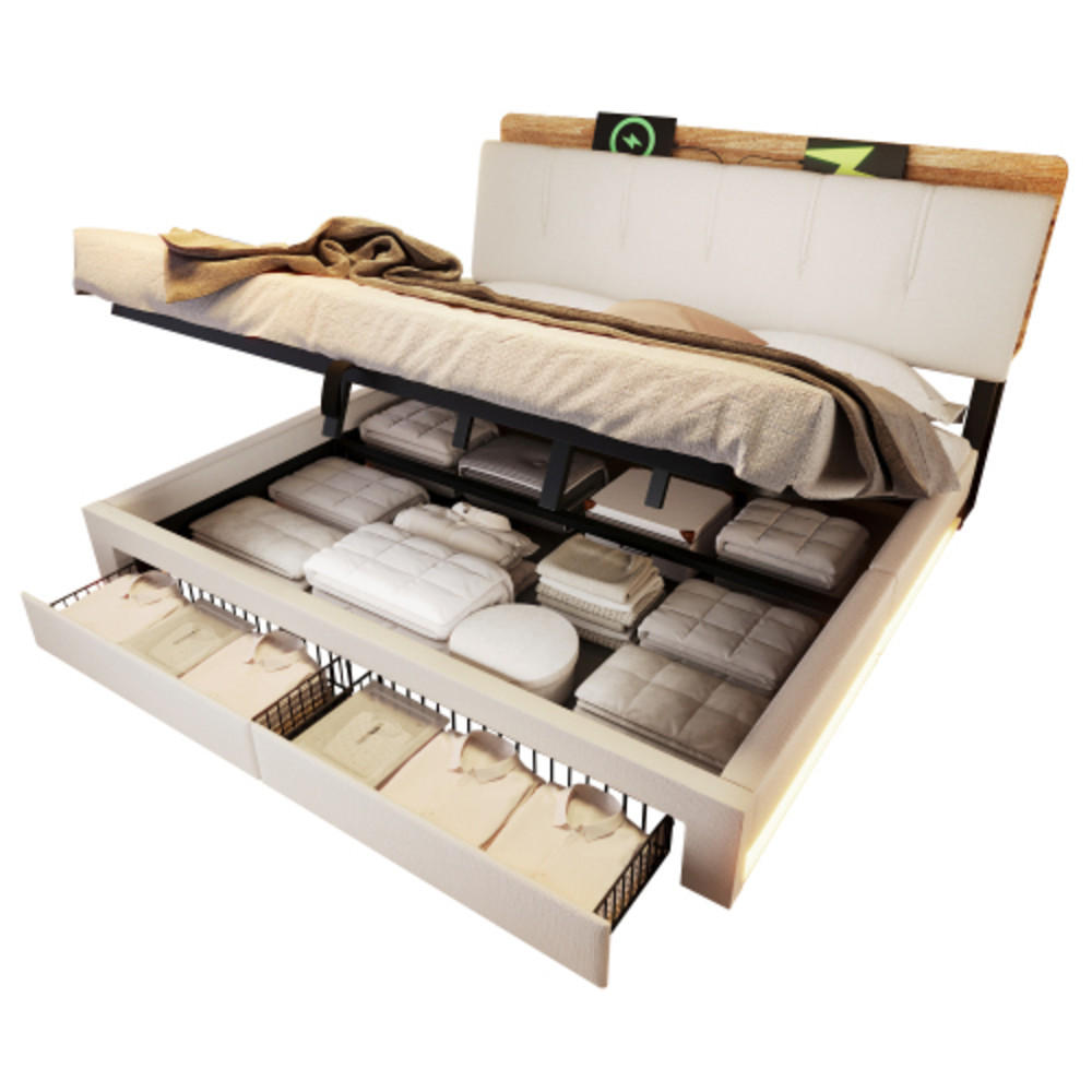 POLSTERBETT beige 218×182×107 cm aus Leinen-Stoff mit Stauraumkopfteil & Hydraulikbettkasten - Beige, Textil (180/200cm) - Luhomfu