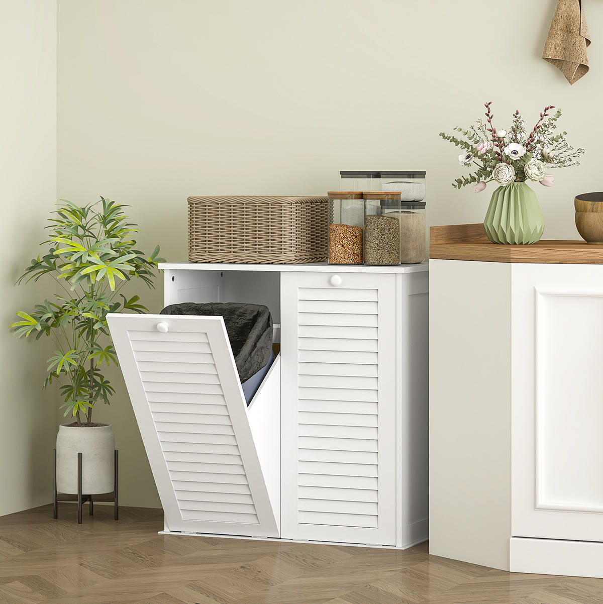 MIDISCHRANK 70/38/73 cm aus MDF mit 2 Wäschekörben und Lamellentüren Weiß - Weiß, Holzwerkstoff (70/73/38cm) - Modenvie