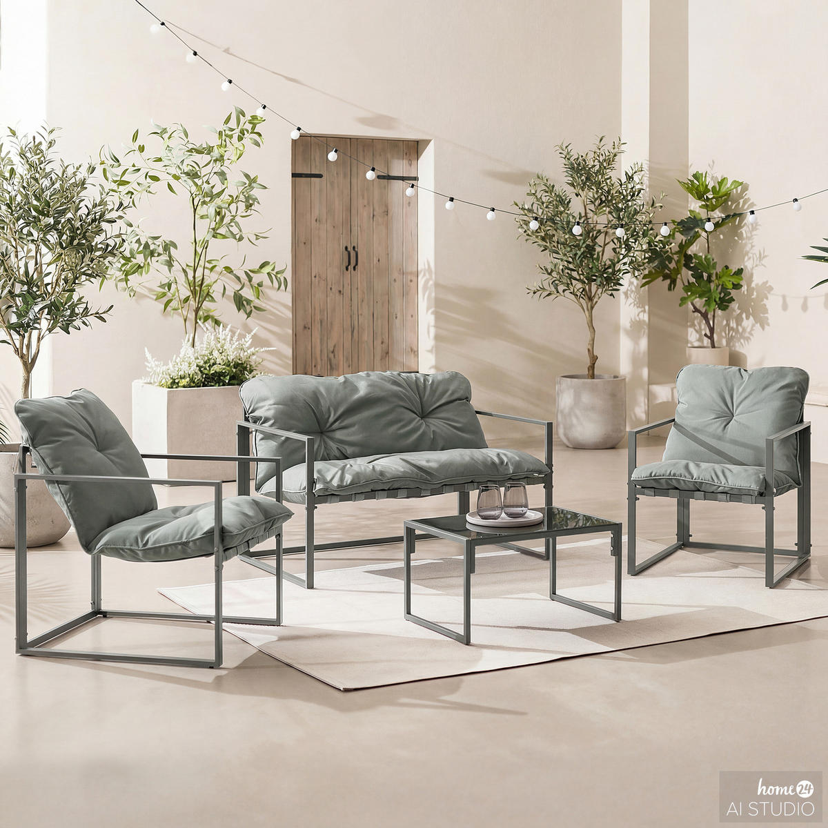 GARTENSITZGRUPPE - Eisen / Polyester - Schwarz / Grau - 4-teilig - Grau, Glas/Textil - home24